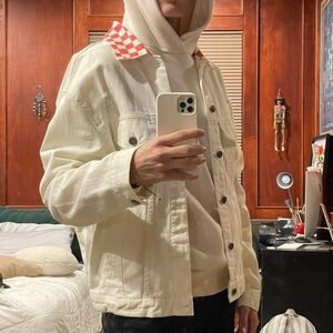 white and orange/pink denim jean jacket